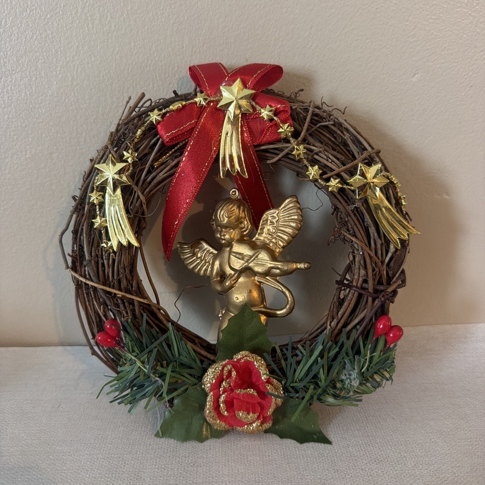 Vintage Hand Crafted 6" Christmas Wreath with Angel-Holly Berry-Stars-Bow